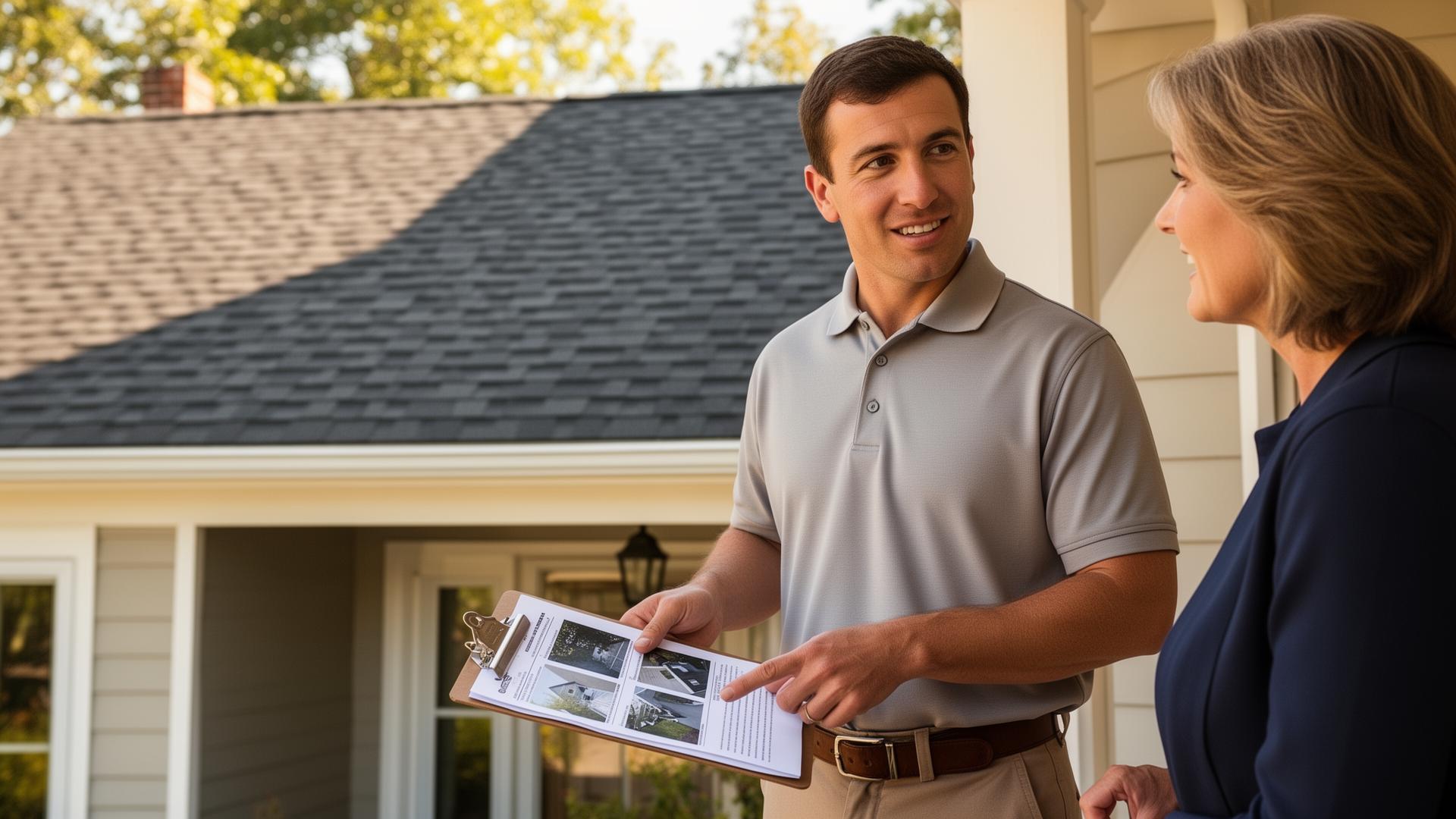 Roofing contractor reviewing inspection findings with a homeowner in Baltimore County