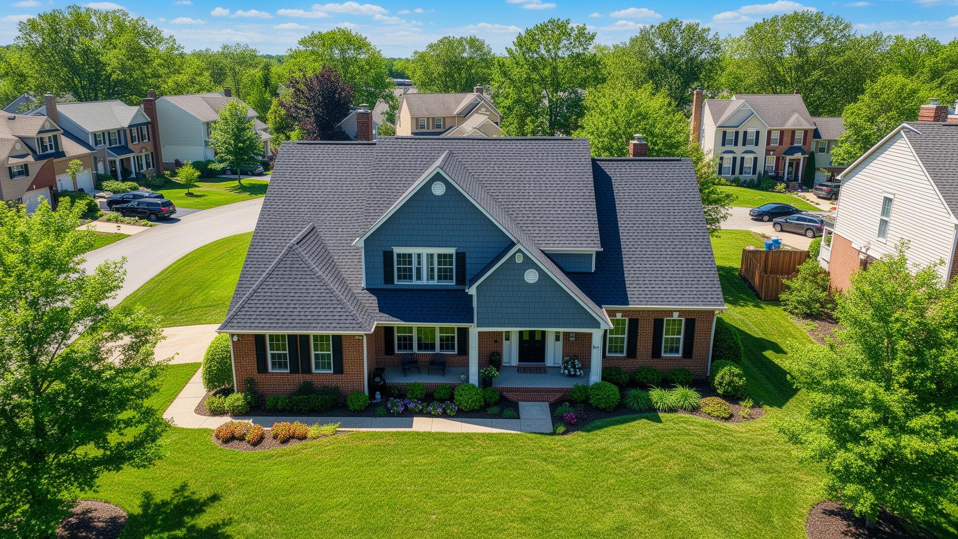 Two-story home with gray architectural shingle roof, blue shake siding, and brick lower level