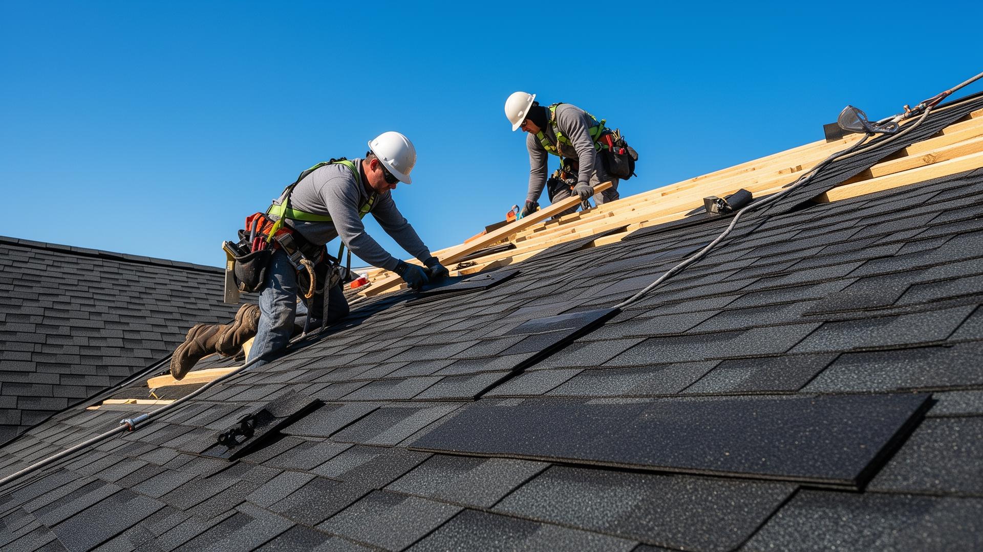 Roofing crew installing architectural shingles on a Baltimore County home