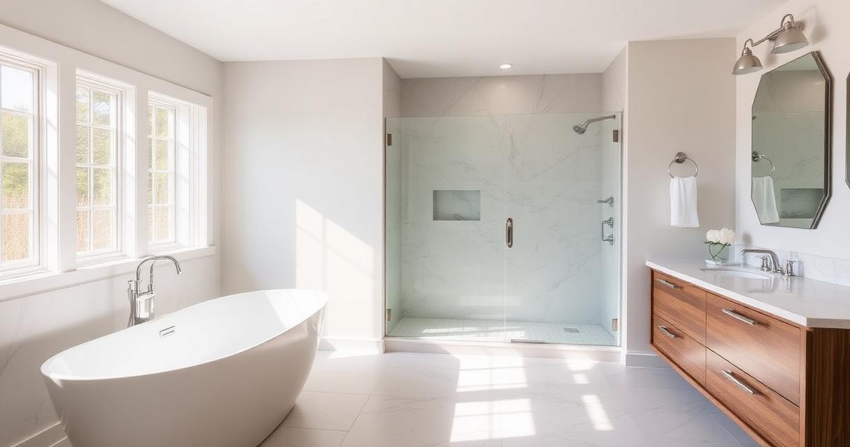 Renovated master bathroom with freestanding tub, walk-in glass shower, and modern vanity