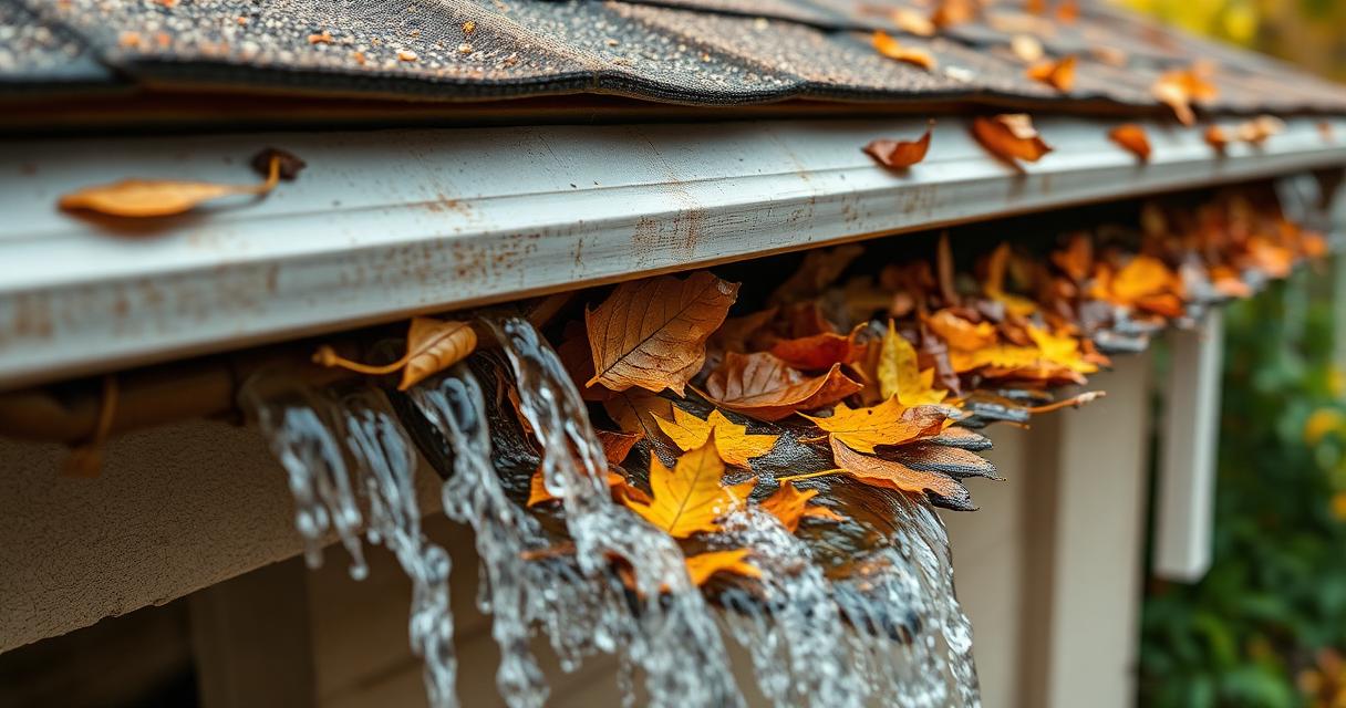 Clogged residential gutter filled with autumn leaves and debris blocking water flow