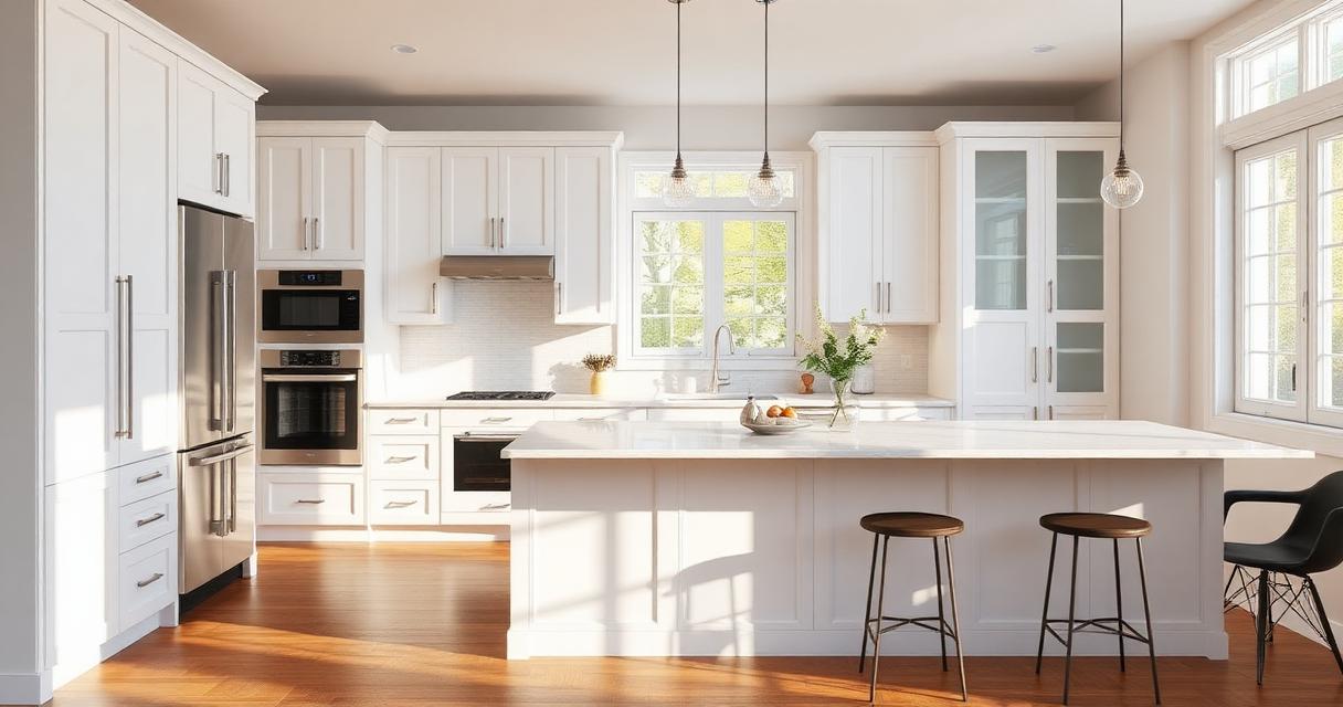 Modern renovated kitchen with white shaker cabinets, quartz countertops, and hardwood flooring