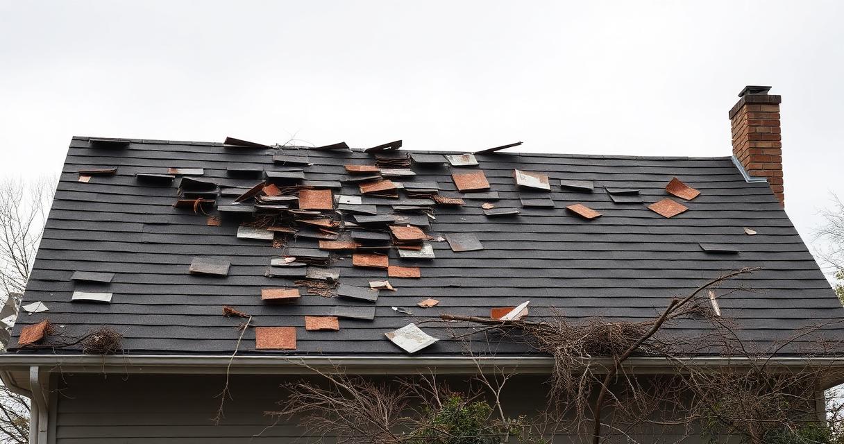Storm damaged shingles lifted by high winds on a residential roof with debris scattered below